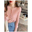 pulover-feminino-trico-com-botoes-decote-v-cardiga-modelagem-solta-cor-solida-para-outono-e-inverno-cor-05-rosa